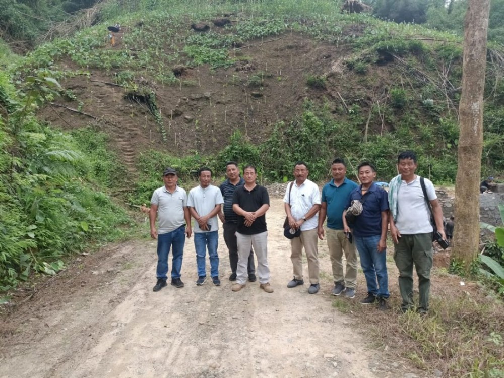 Members of the Nagaland Foothills Road Coordination Committee (NFHRCC), officials from NPWD (R&B), contractor representatives, and local village council members during a joint inspection of the Foothills Road construction at Longleng Division on June 2.
